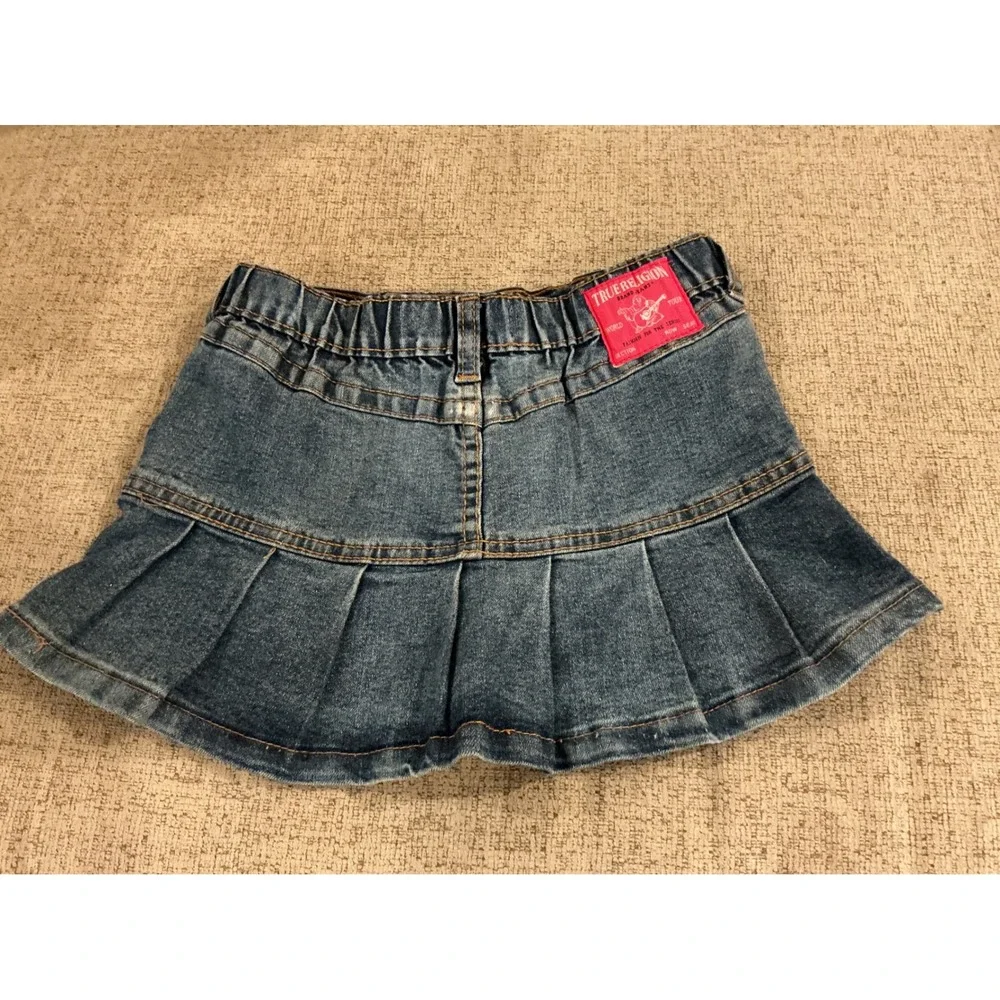 True Religion Girls Denim Pleated Skort Cherry Logo Medium Wash Blue 78946